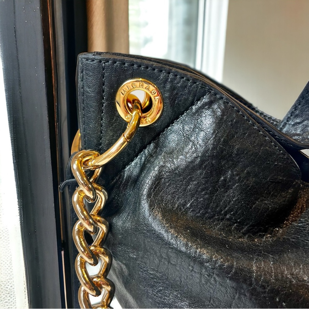Michael Kors Vintage Black Leather With Gold Studs and Chain Crossbody EVC - Picture 5 of 15